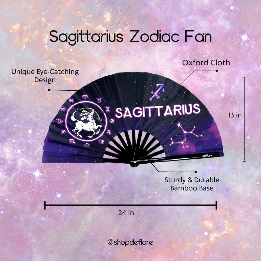 DeFlare | Cosmic Zodiac Rave Fan | Zodiac Sign Hand Fan | Astrology Rave Fan | Hand Fan | Large Rave Fan | Large Clacking Fan