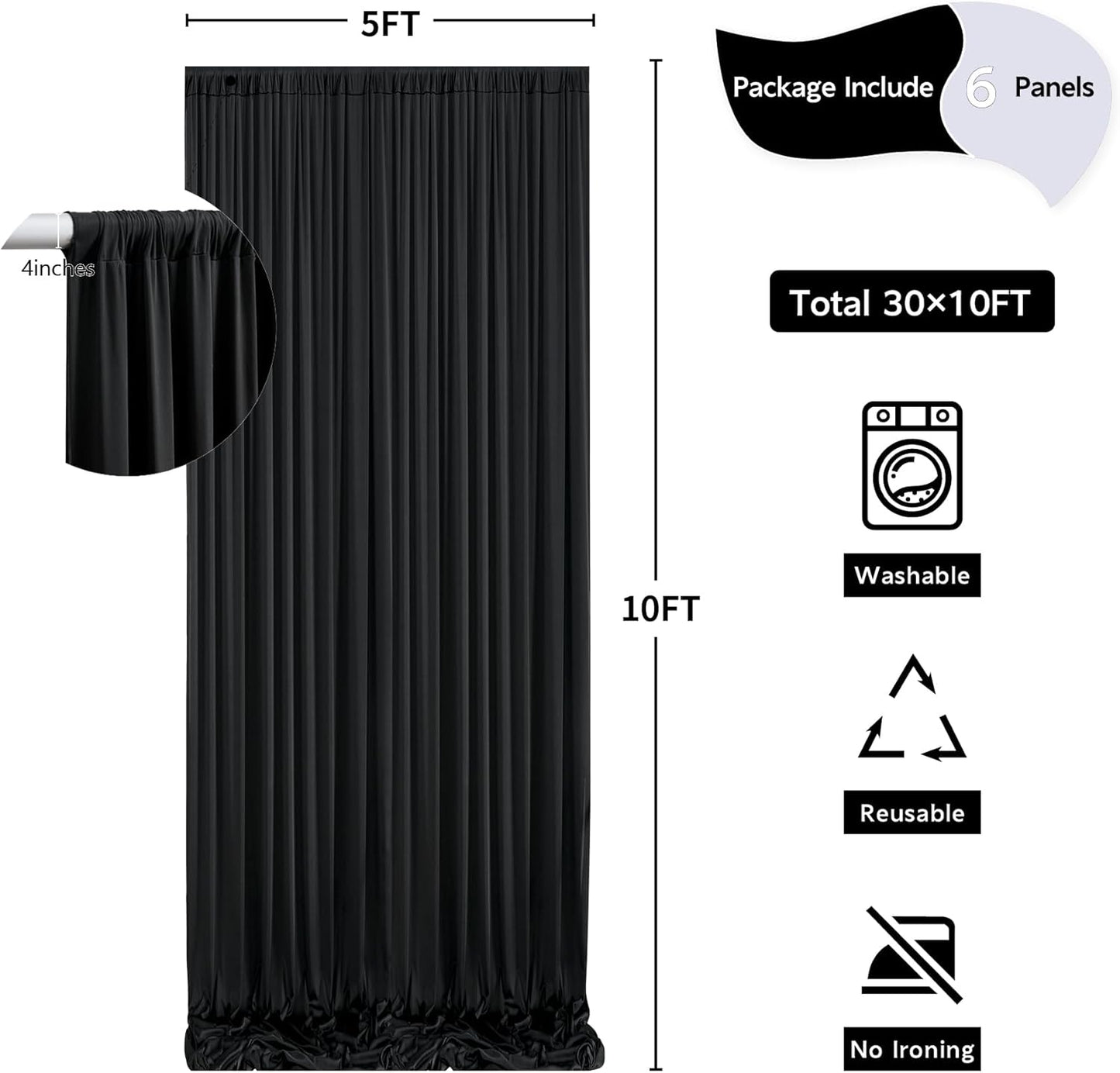 30 ft x 10 ft Wrinkle Free Black Backdrop Curtain for Parties, 6 Panels 10ft Polyester Black Photo Backdrop Drapes for Graduation Birthday Wedding Party Stage Curtains, Thick Bulk Background Curtains