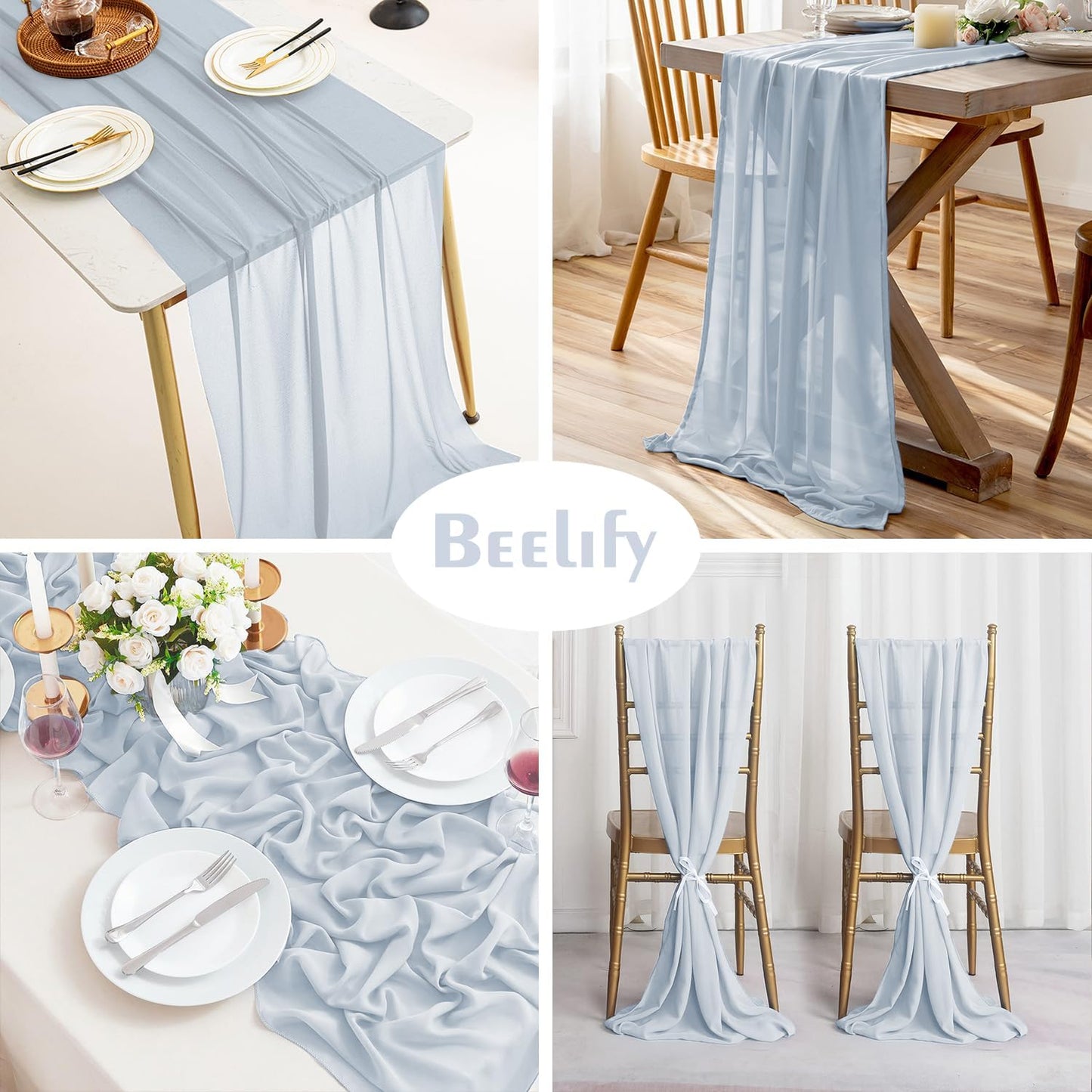2 Pack 10 Ft Chiffon Table Runner Baby Blue Gauze Long Table Runners 27x120 Inches Sheer Tulle Table Runner for Rustic Wedding Reception Bridal Shower Decorations Birthday Party