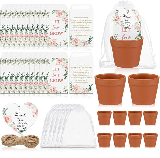 Ctosree 50 Sets Let Love Grow Wedding Favors for Guests Self Adhesive Seed Packets (Seed Not Include) Terracotta Flowerpot Thank You Tags and Organza Gift Bags for Bridal Shower Wedding Party Favors