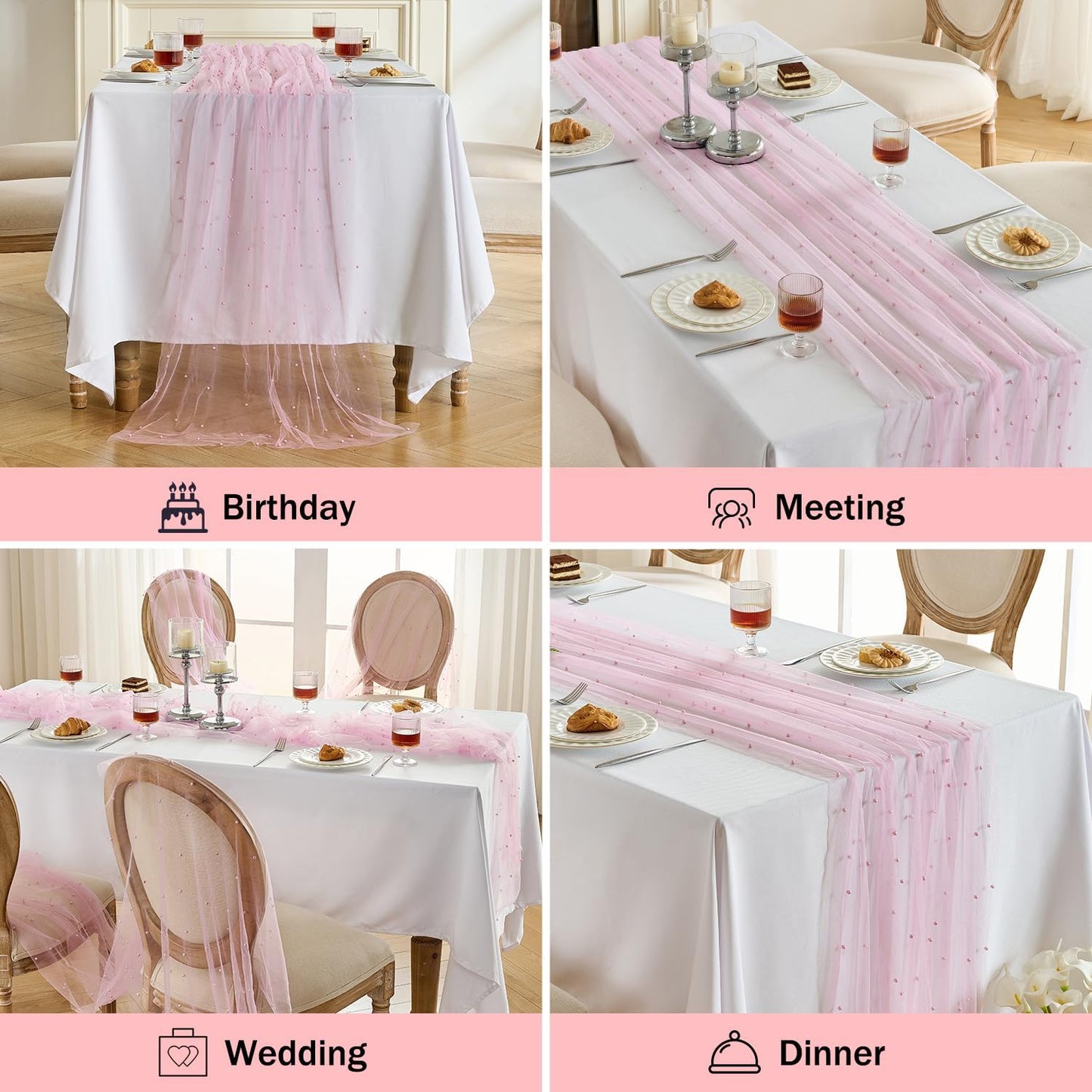 Fanami 1 Pack Pearl Table Runner -10FT Blush Pink Boho Tulle Table Runners 120 Inches Long Rustic Sheer Lace Fabric Centerpieces for Wedding Arch Birthday Party Bridal Veil Baby Shower Decorations