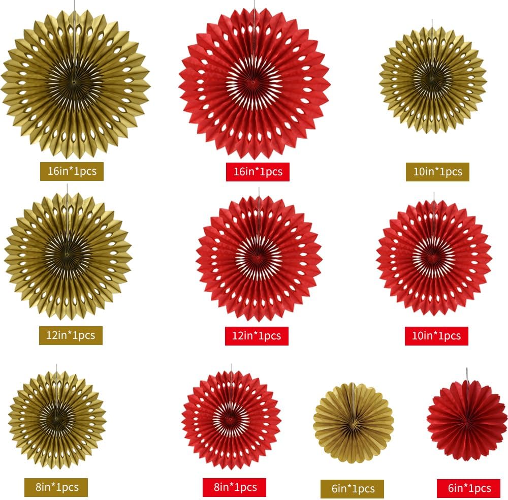 BEISHIDA Red Gold Hanging Honeycomb Round Paper Fans Decoration Wedding Theme Tissue Paper Fan Garland for Birthday Anniversary Bachelorette Graduation Party Christmas New Years Supplies（10packs）