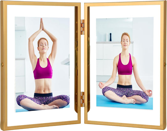 Gold 4x6'' Double Floating Frame For Photo Sizes 2x3'', 3.5x 5'', 4x6'' Metal double Frames for Tabletop/Display, Gold Floating Frame for Gift Wedding, Christmas,Birthady, Home or Office Décor.