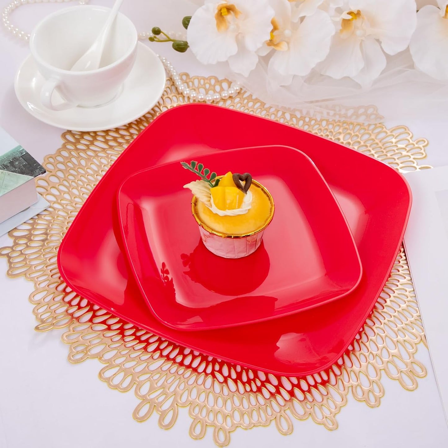 PULOTE 60PCS Red Square Plastic Plates - Red Christmas Disposable for Party Include 30 Dinner and 30 Dessert Plates for 30 Guests