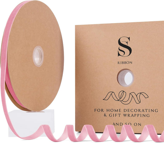 Pink Christmas Velvet Ribbon for Tree, Gift Wrapping, Flower Bouquet, Wreath Decorations, Bow Making 3/8'', 25 Yards