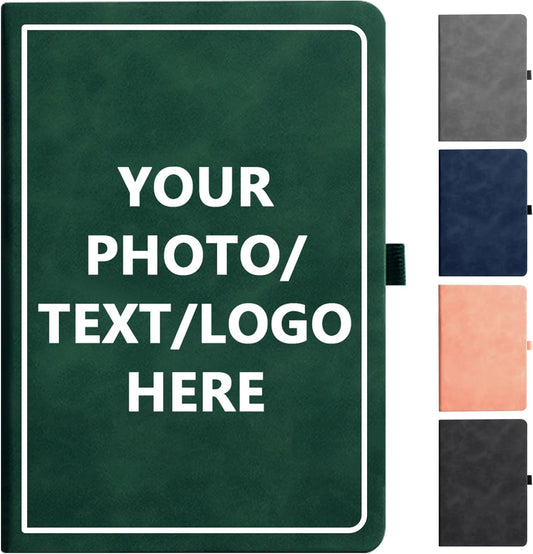 Personalized Notebook Custom Journal Notebook PU Leather A5 Can Customized with Logo/Text/Image- 192 Lined Pages 8.3 x 5.9 Inch, Pen Loop, Elastic Band, Green Hardcover