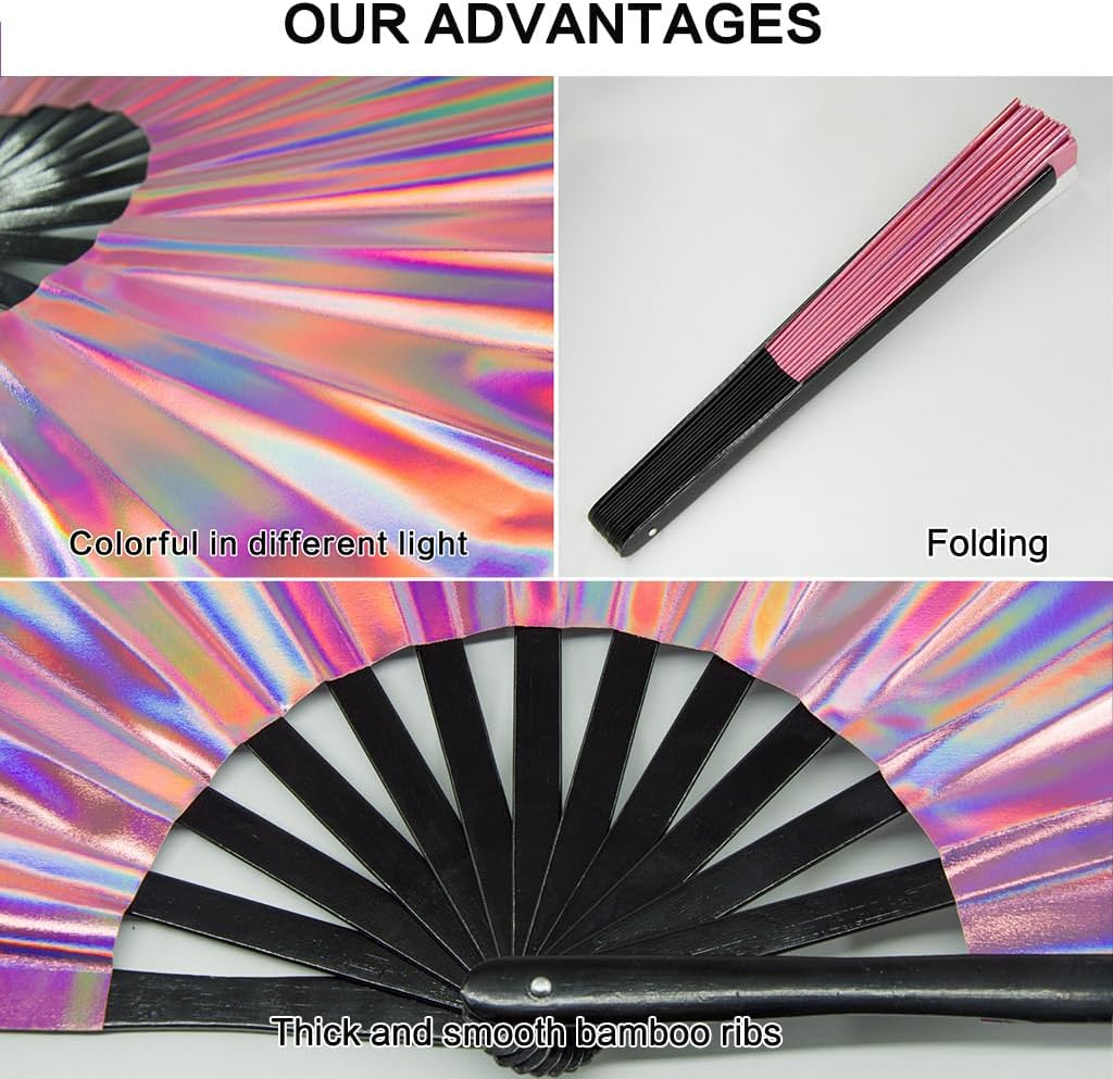 Large Rave Fan, Clack Folding Hand Fan with Premium Fabric, Thick Bamboo Frame for Men Women Gift for EDM, Festival, Club, Party, Dance, Decoration (Holographic Pink, 13")