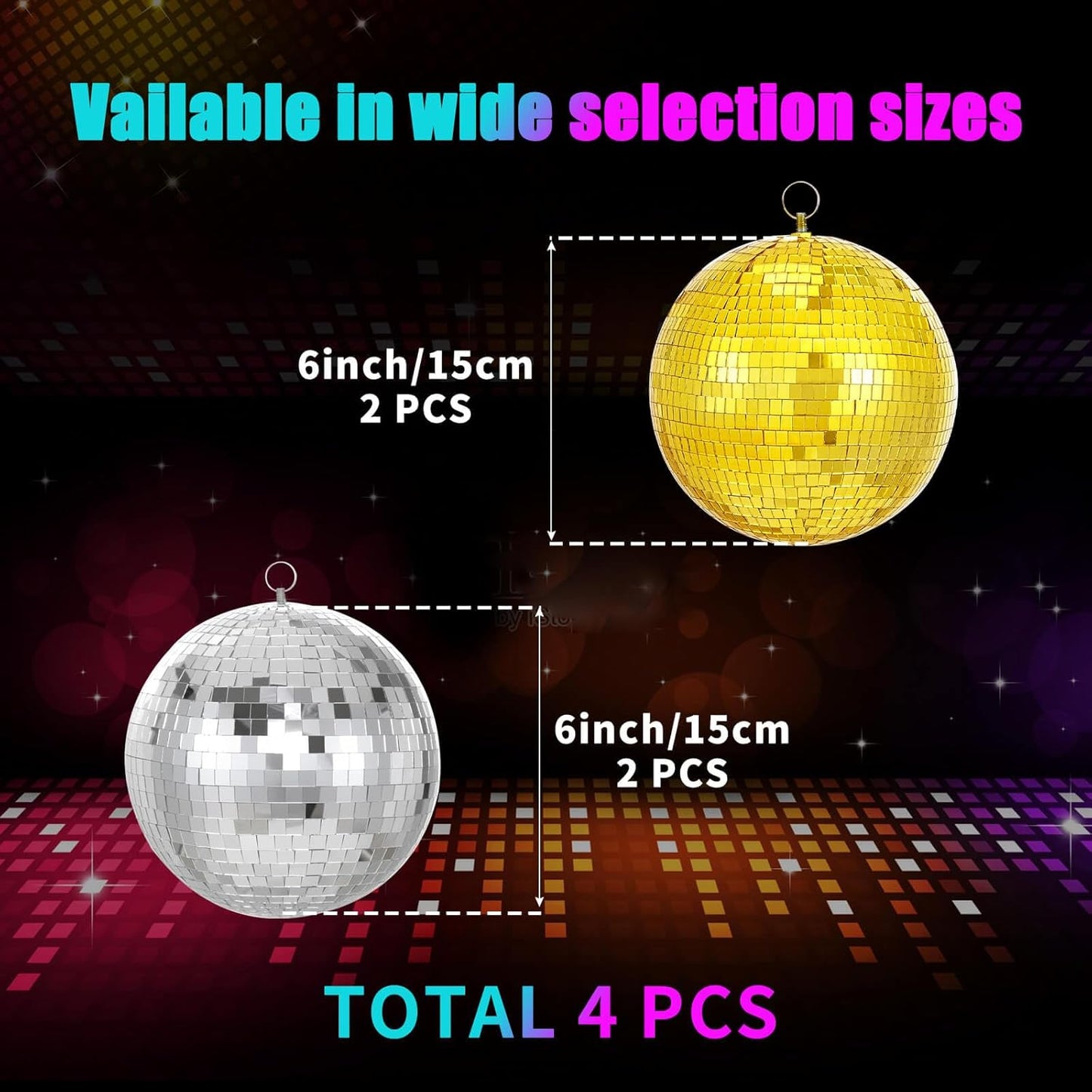 Gold Hanging Mirror Disco Ball : 6 Inches Reflective Silver Ball - 70s Party Club Stage Props DJ Light Effect Decoration (6''-4PCS Gold and Silver)