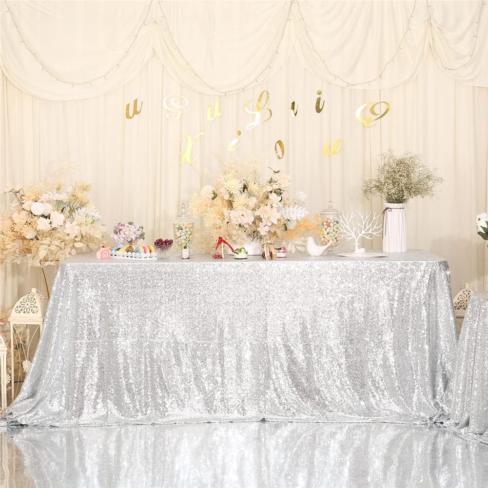 SquarePie Sequin Tablecloth 90 x 132 Inch Silver Sparkly Table Linen for Wedding Party