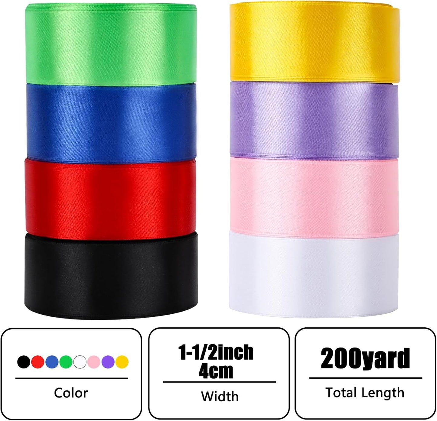 NESCCI 200 Yards Ribbon,1-1/2 Inch Satin Ribbon,Single Face Satin Ribbons, Perfect for Gift Wrapping,Wedding Decoration,Handmade Bows,Wrapping Bouquet, Halloween, Christmas