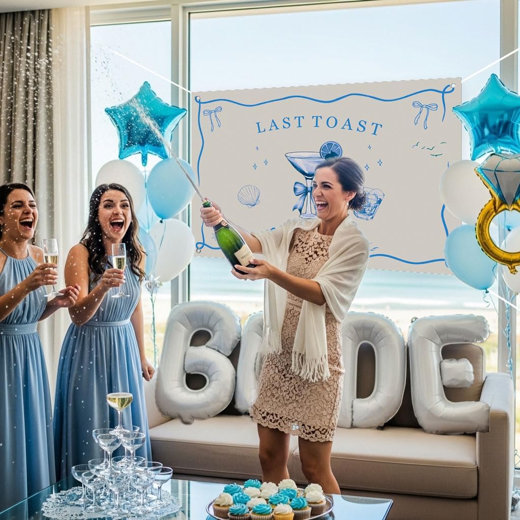Last Toast on the Coast Bachelorette Decorations Blue bridal shower Blue Balloon Garland Kit with Backdrop Huge 40 inch BRIDE letter Diamond Ring balloons for Hen Party Wedding Engagement supplies