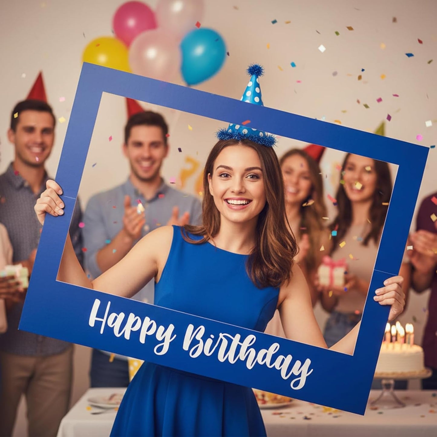 32 x 24 Inch Large Photo Booth Props Picture Frame Happy Birthday Party Frame DIY Cutouts Photo Booth Props Selfie for Party Supplies Favors (Horizontal,Blue White)