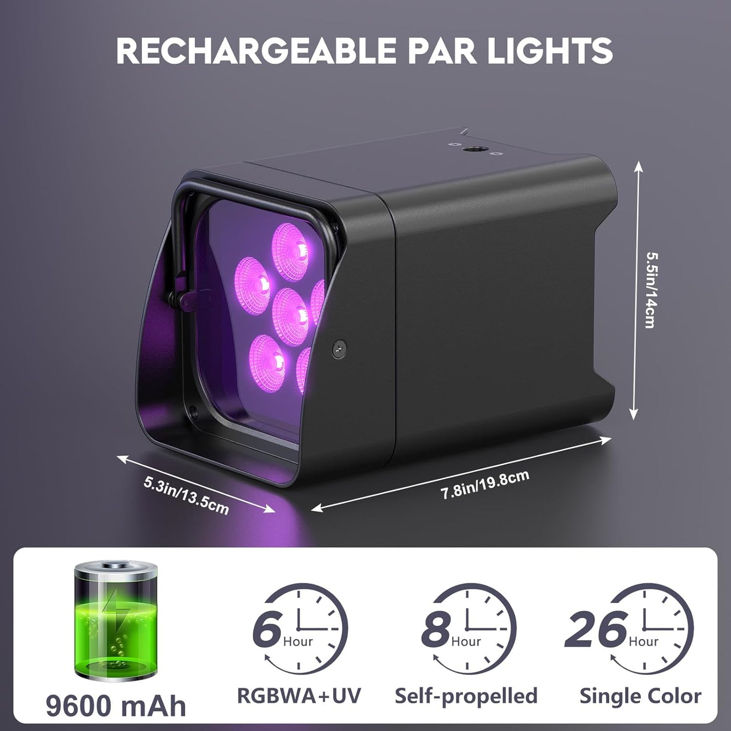 9600mAh Wireless Uplights, 6x18W RGBWA UV Stage Lights, APP/DMX512 Controlled Par Lights, Rechargeable Battery Powered Uplights for Show, 4 Pcs with Bag