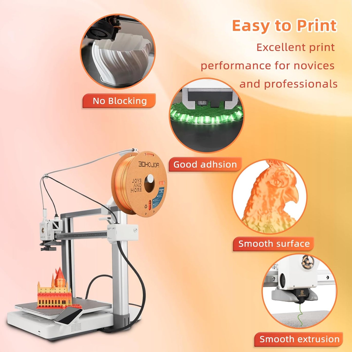 Silk PLA 3D Printer Filament 1.75mm Silk Shiny Fast Gradient Color Change Rainbow Multicolor PLA Filament 1kg (2.2lbs) /Spool for FDM 3D Printers-Blood Orange