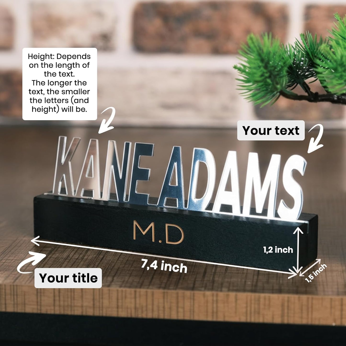 Personalized Silver Desk Name Plate – Custom Engraved Name Sign with Black Beech tree Base – Modern Office Name Tag Gift for Boss, Teacher, Coworker, or Professional – Handmade Desktop Decor