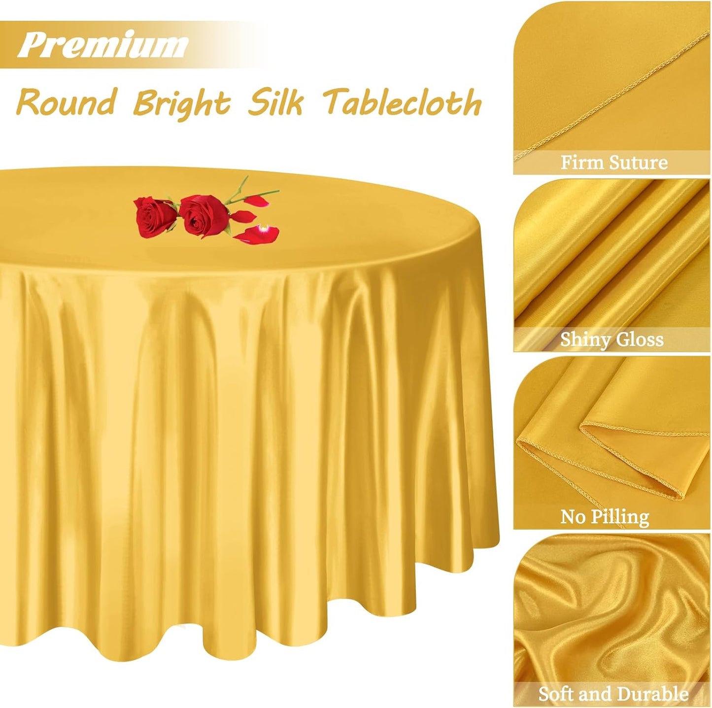 6 Pack 108 Inch Gold Satin Tablecloth - Premium Bright Silky Round Tablecloth Overlay Smooth Fabric Table Cover, Table Decoration for Wedding Party Banquet Events Restaurant Kitchen Dining