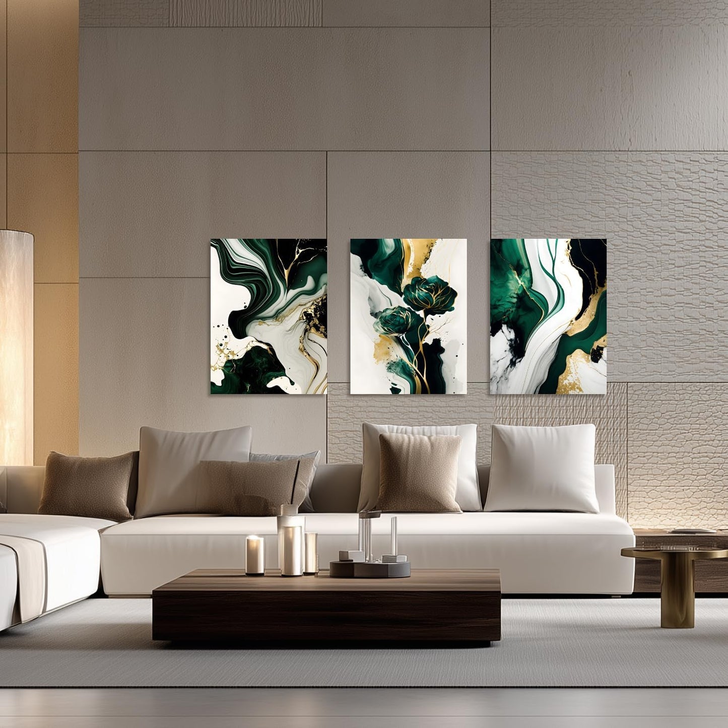 IAFWZX Framed Green Gold Abstract Wall Art, Emerald Marble Textured Wall Decor, Contemporary Line Flower Canvas Paintings, Abstract Floral Poster Prints for Living Room Bedroom Office 16"x24"x3