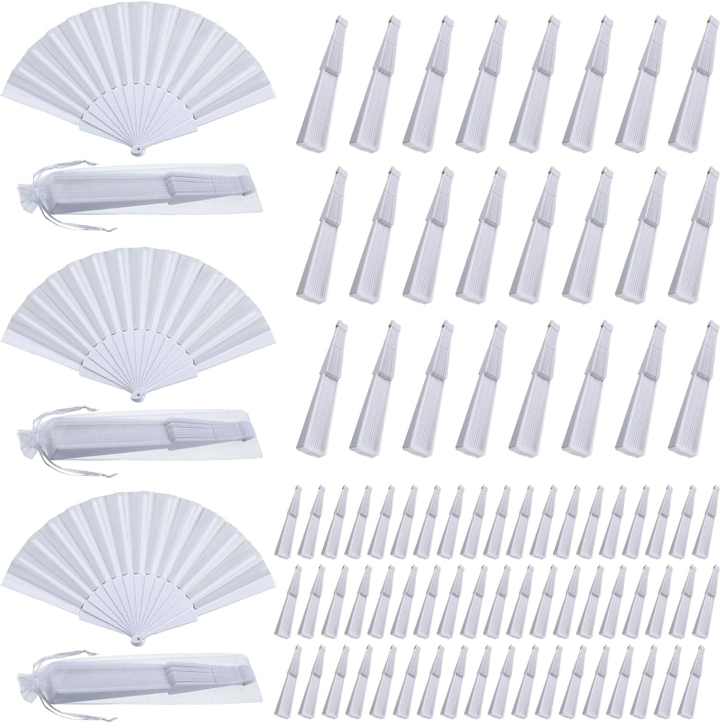 Wenqik 80 Pcs Wedding Folding Hand Fans Bulk Silk Fabric Chinese Handheld Foldable Clack Fans with Plastic Ribs for Party, Wedding Gifts, Line Dancing, Home Decorative (White)