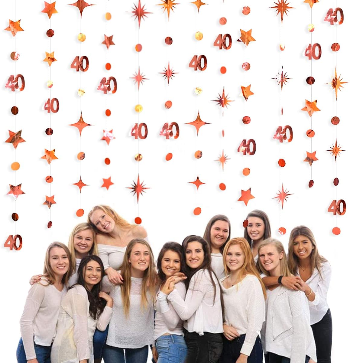 Rose Gold 40th Birthday Decorations Number 40 Circle Dot Twinkle Star Garland Metallic Hanging Streamer Bunting Banner Backdrop for Women 40 Year Old Birthday Forty Anniversary Party Supplies