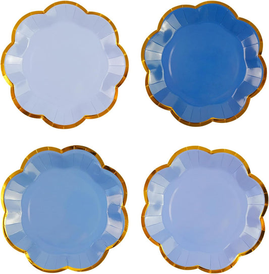 48Pcs Light Blue Scalloped Party Plates - 7inch Gold Foil Gradient Blue Dessert Paper Plate Disposable Cake Plates for Birthday Bridal Baby Shower Wedding Party Decorative Supplies