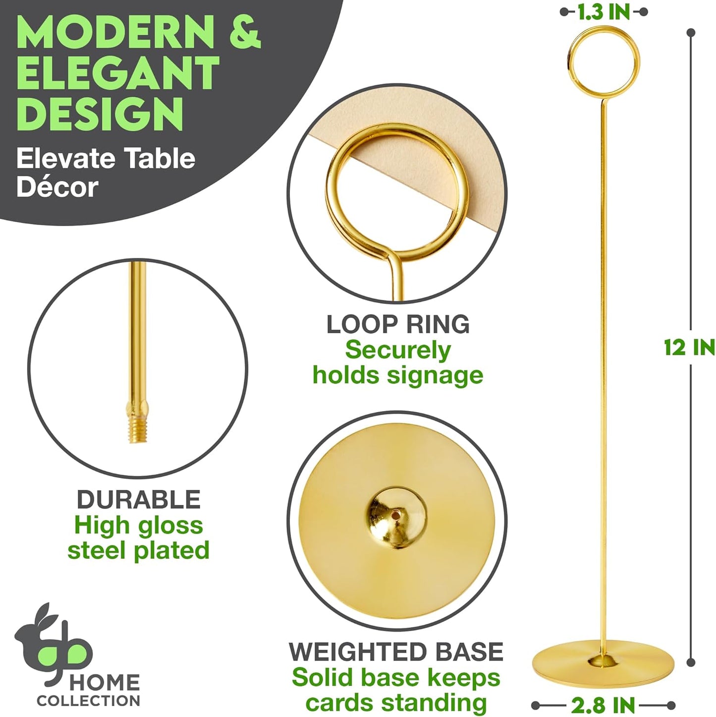 Gray Bunny Metal Table Number Holders, 12 Pack, 12 in Tall, Gold, Card Holders Tabletop Table Number Stands, Wire Clip for Restaurants Recipe Place Card Signs, Weddings, Banquets, Pictures