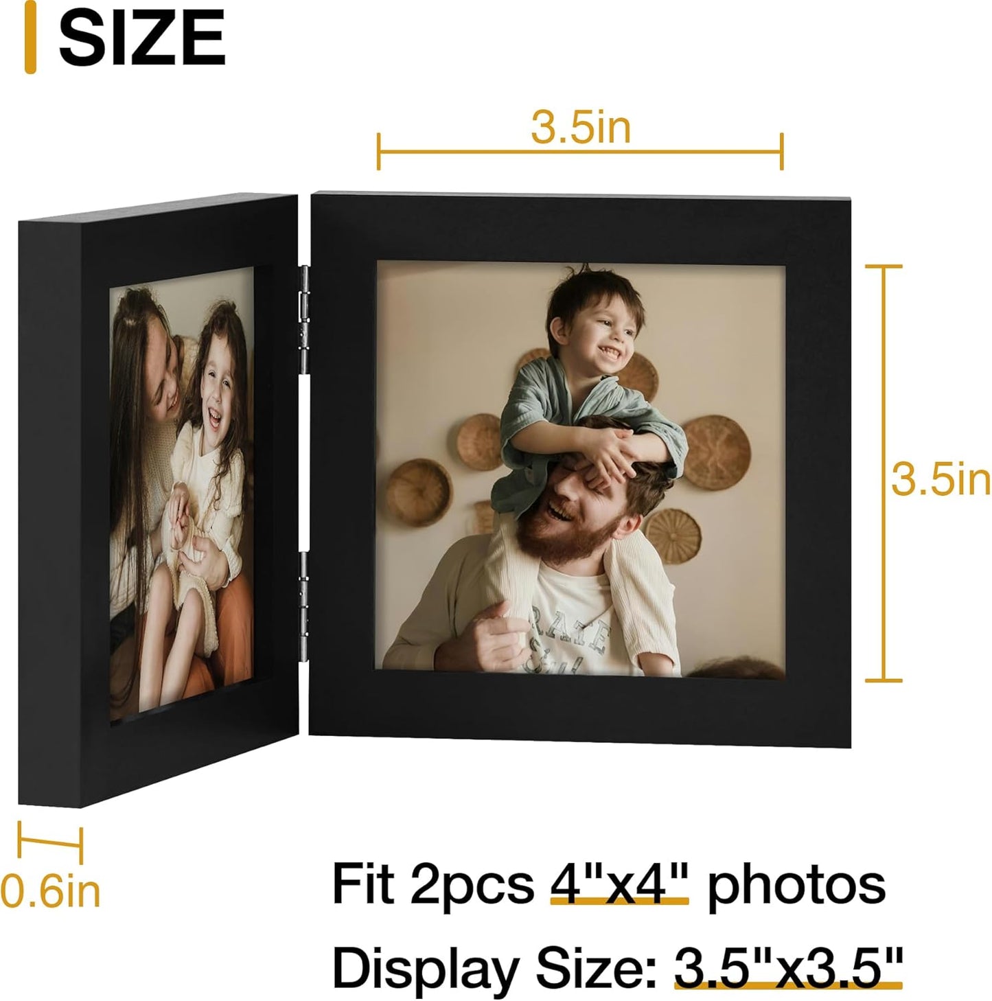 decorUhome Double 4x4 Picture Frame Vertical, Engineered Wood Bifold Photo Frame with Plexiglass for Tabletop Display, 4x4, Black