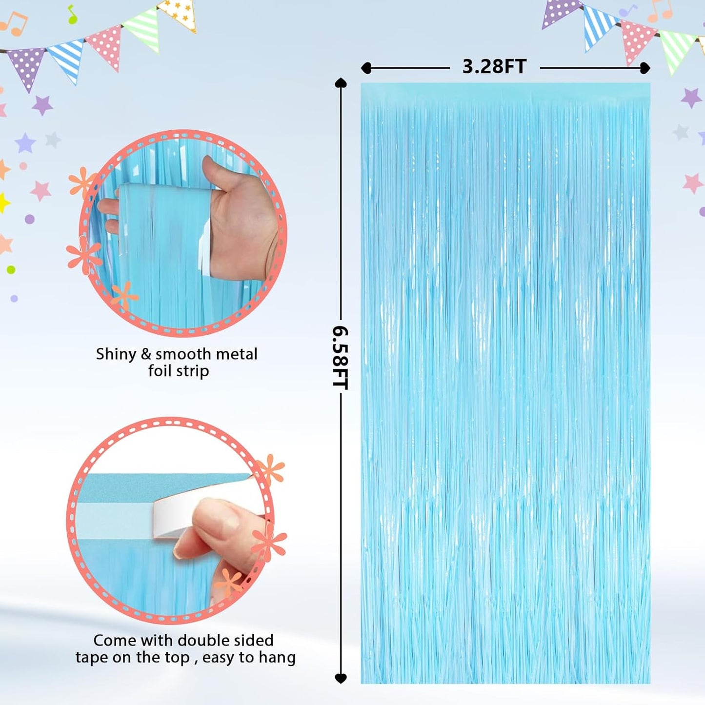 GCB 2Pack Macaron Blue Metallic Tinsel Foil Fringe Curtains, Pastel Blue Door Streamers Photo Booth Backdrop for Birthday Party, Tinsel Curtain Backdrop for Baby Shower Bachelorette Party Decorations