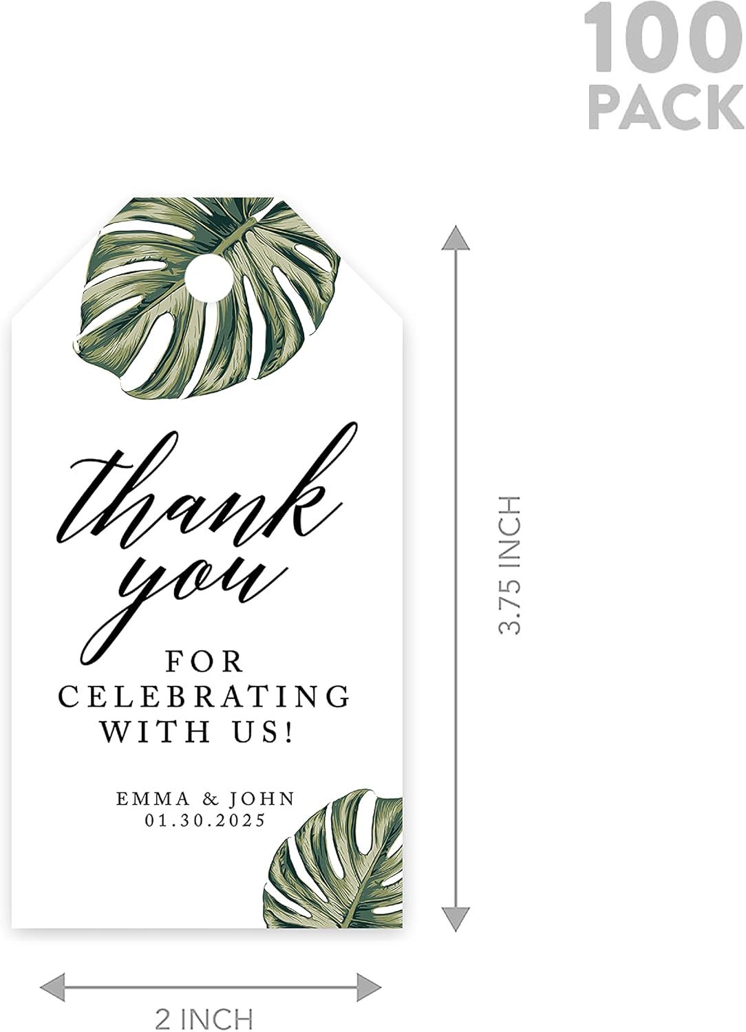 Andaz Press 100-Pack Personalized Thank You for Celebrating with Us Wedding Favor Tags with Bakers Twine Tropical Monstera Leaves Custom Cardstock Wedding Gift Tags for Party Favors 2 x 3.75-Inches