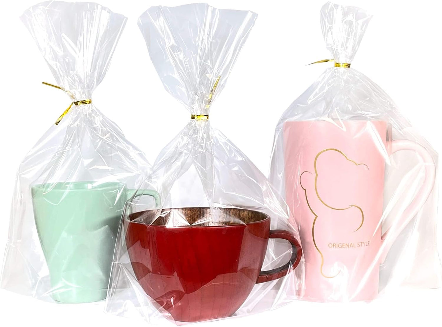 PigPotParty Cellophane Bags 8"x11", 50 Pack Clear Gift Bags, 3.15" Bottom Gusset for Stand-Up Display, Plastic Cellophane Gift Wrap, Ideal for Goodies, Treats, Party Favors, Mugs, Includes 50 Ties