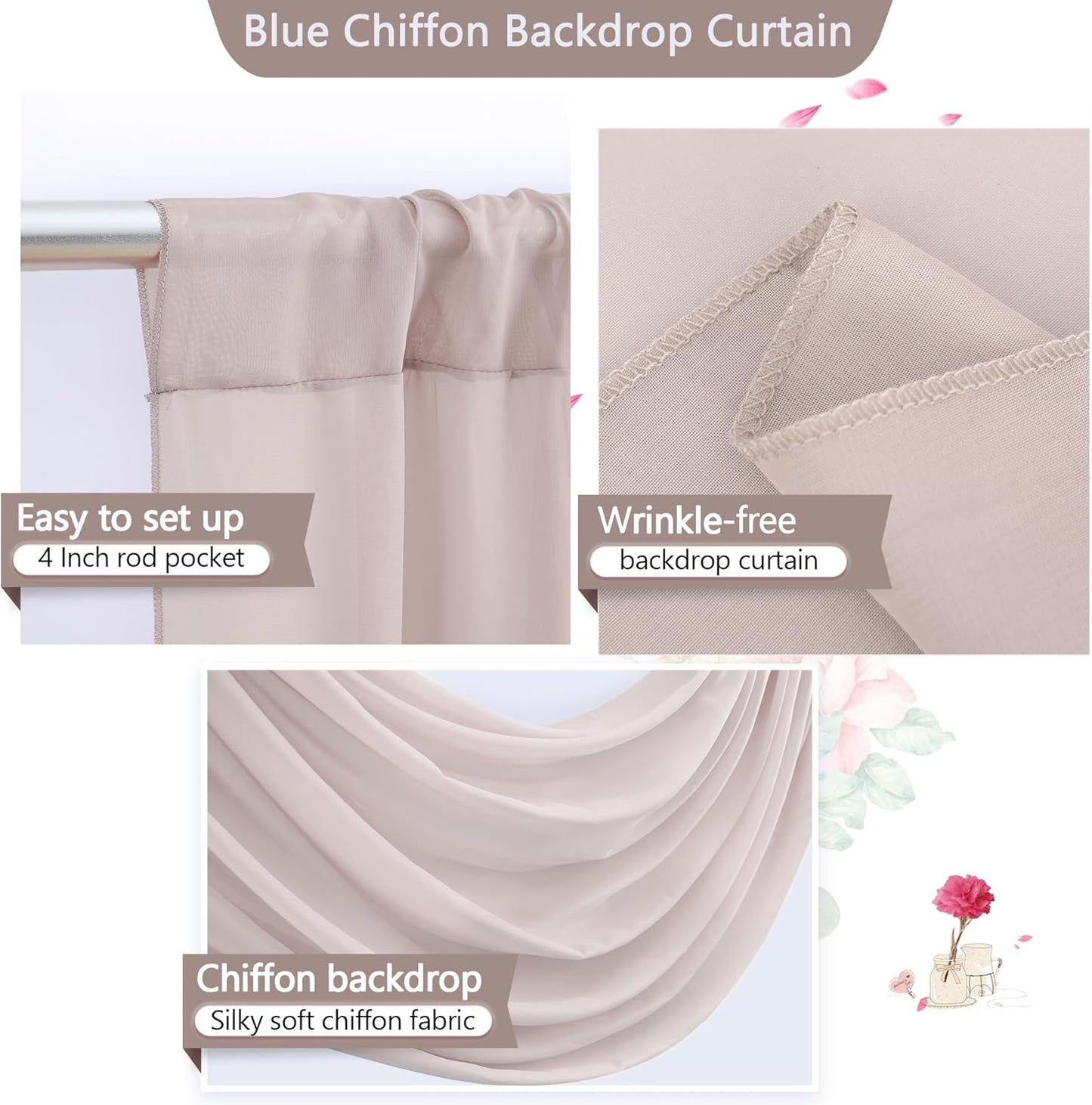 PARTISKY 10ftx7ft Taupe Chiffon Backdrop Curtains, Wrinkle-Free Sheer Fabric Photo Drapes for Wedding Ceremony Arch Birthday Baby Shower Photography Stage Decor 5ft x 7ft, 2 Panel