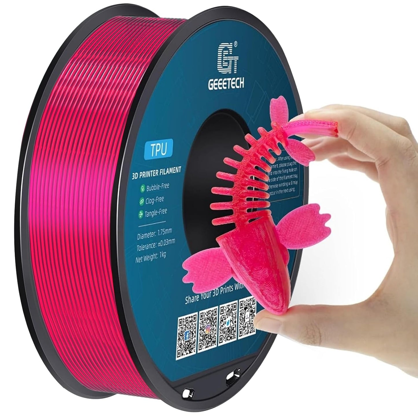 Geeetech TPU Filament 1.75mm, Shore 95A – Flexible 3D Printer Filament with High Elasticity, 1KG (2.2lbs) Spool, Dimensional Accuracy ±0.03mm, Fits Most FDM Printers (Clear Pink)