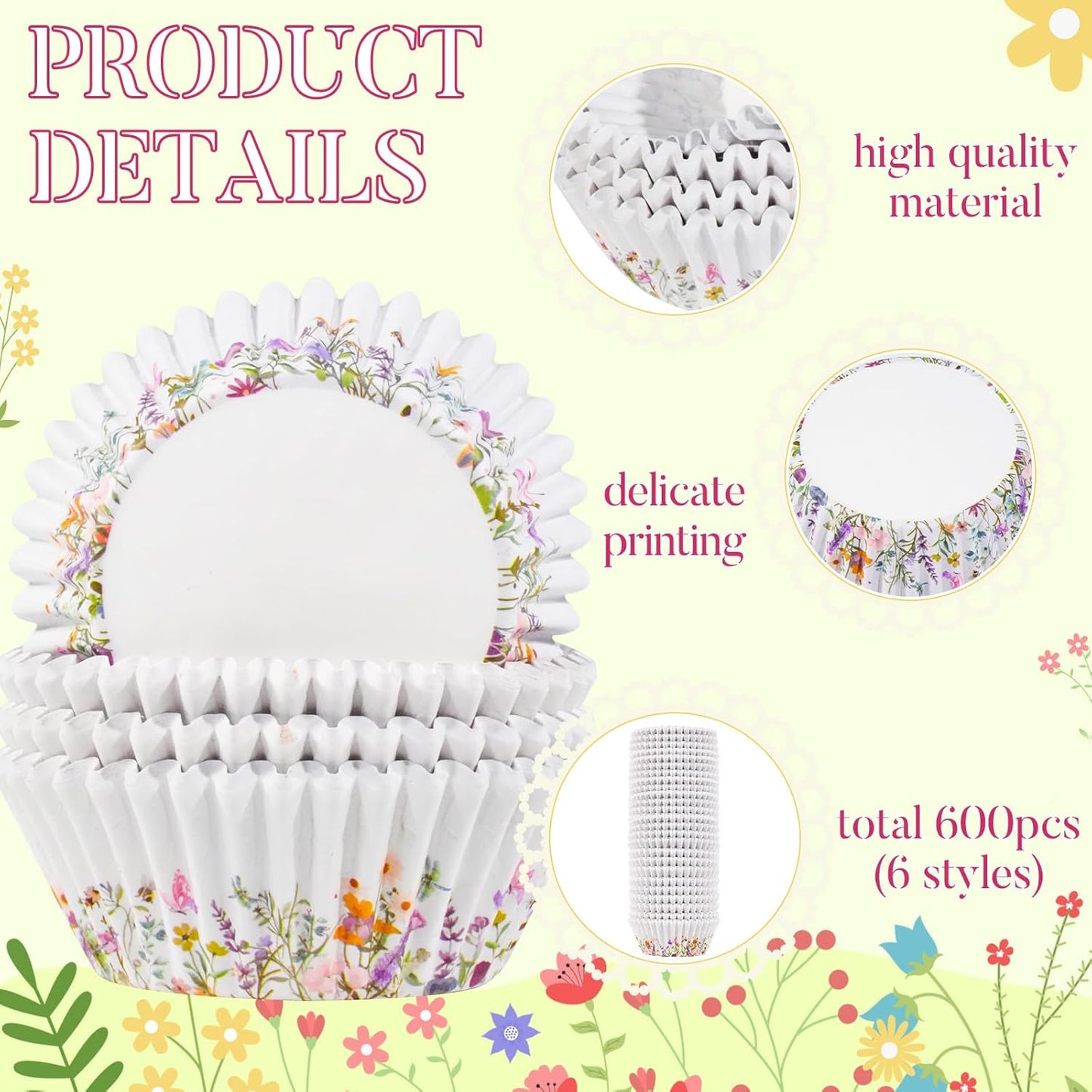 600 Count Elegant Wildflower Cupcake Liners for Baby Showers, Weddings, Spring Birthday Parties - Floral Rustic Theme Party Decorations Supplies