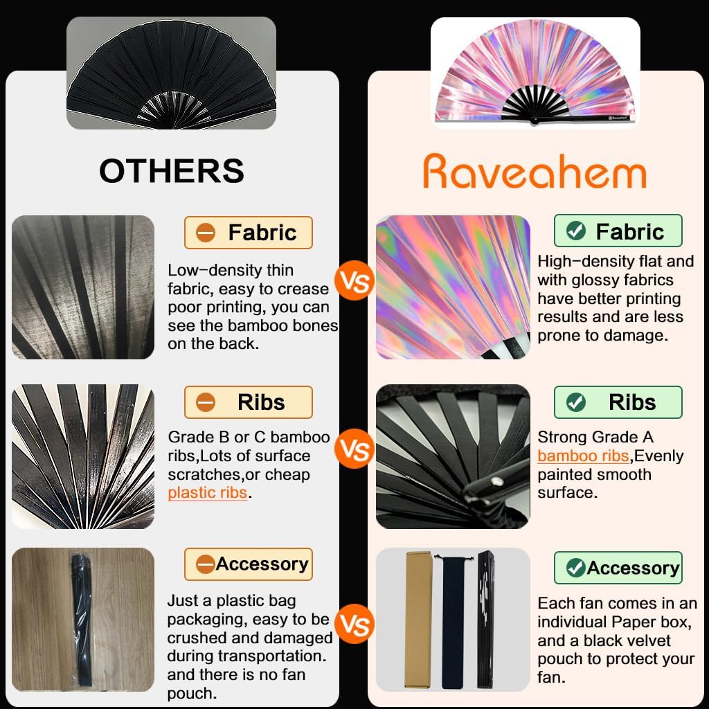 Large Rave Fan, Clack Folding Hand Fan with Premium Fabric, Thick Bamboo Frame for Men Women Gift for EDM, Festival, Club, Party, Dance, Decoration (Holographic Pink, 13")