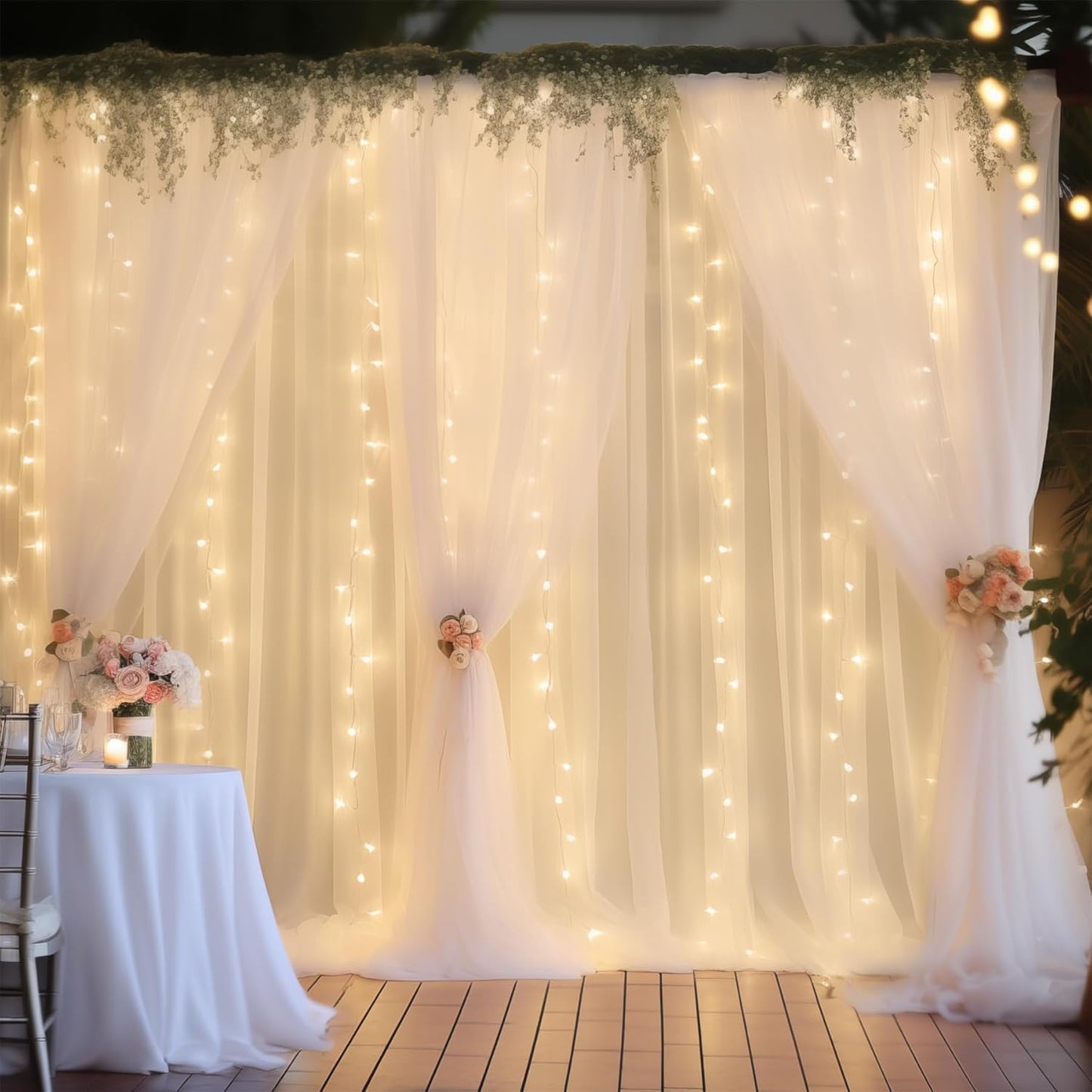 30×10ft White Tulle Backdrop Curtain with Lights String for Parties, Sheer Photo Backdrop Curtains for Wedding Party Photography Background
