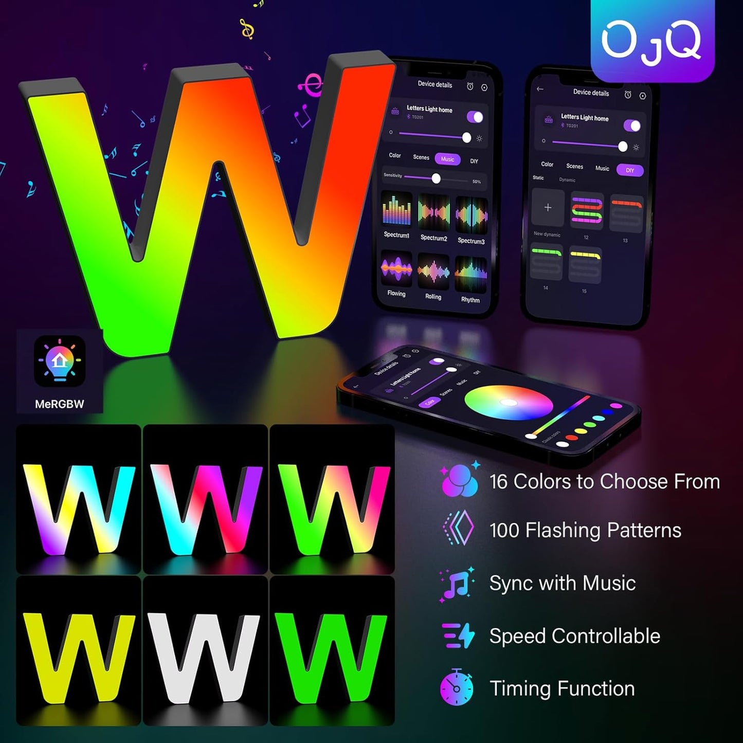 OJQ Light Up Letters LED Letter - Marquee Letters Room Decor Alphabet Letter Music Sync Color Change Colorful - Christmas Birthday Gifts for Girl - Teen Girls Gifts Party Home Wall Decor