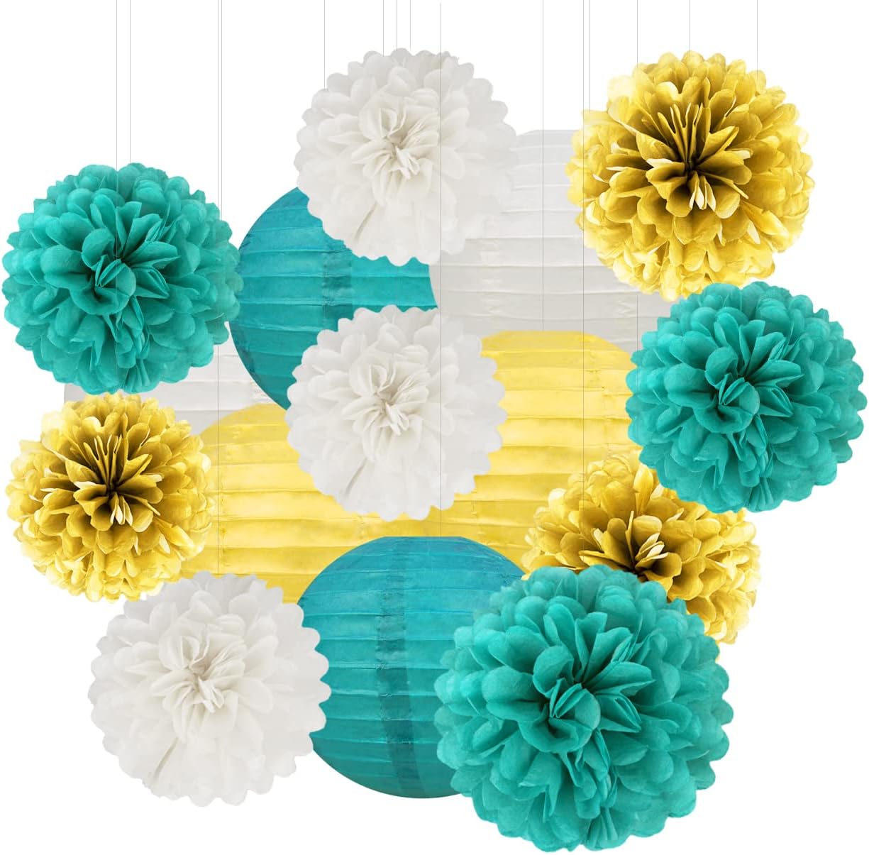 White Gold Teal Party Decorations – 15Pcs Tissue Paper Flowers Pom Poms Paper Lanterns for Women Birthday Party Decoration Baby Shower Bridal Shower Bachelorette Engagement