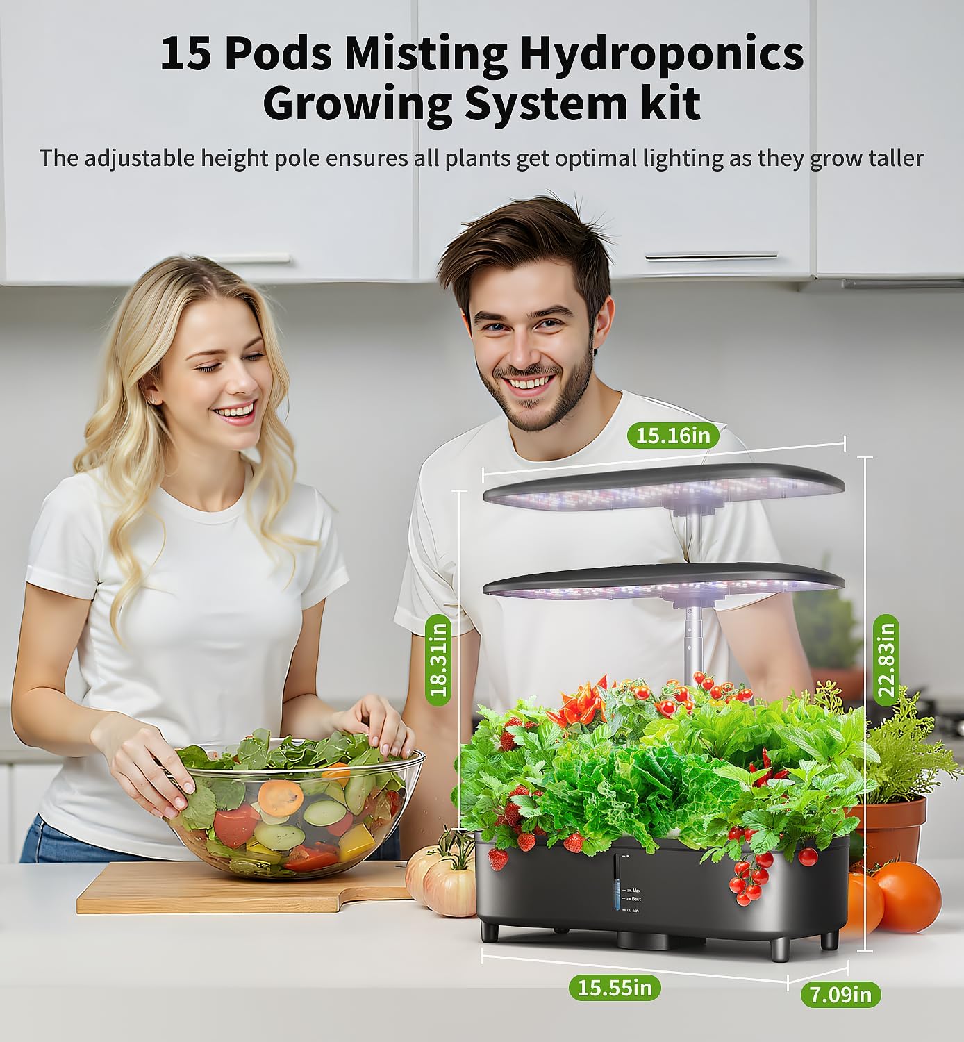 Hydroponics Growing System Kit 15 Pods Misting Herb Garden Indoor Garden Indoor Gardening System 5L Water Capacity 48W Grow Light Gardening Gifts for Women House Warming Gifts New Home (Black)