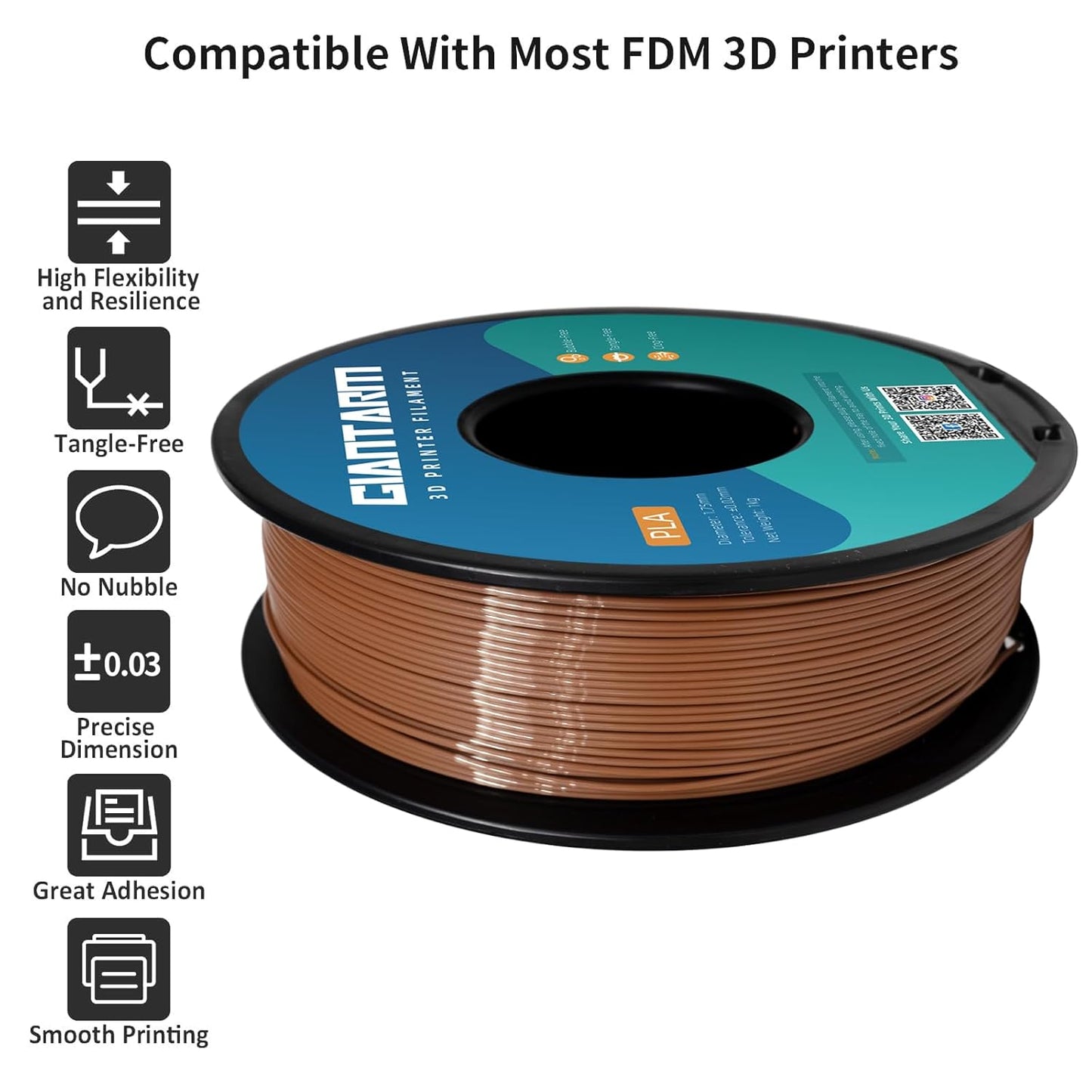 GIANTARM PLA Filament,Brown 3D Printer Filament 1Kg(2.2lbs) Spool,1.75mm Dimension Accuracy +/- 0.03mm,Fit Most FDM 3D Printers
