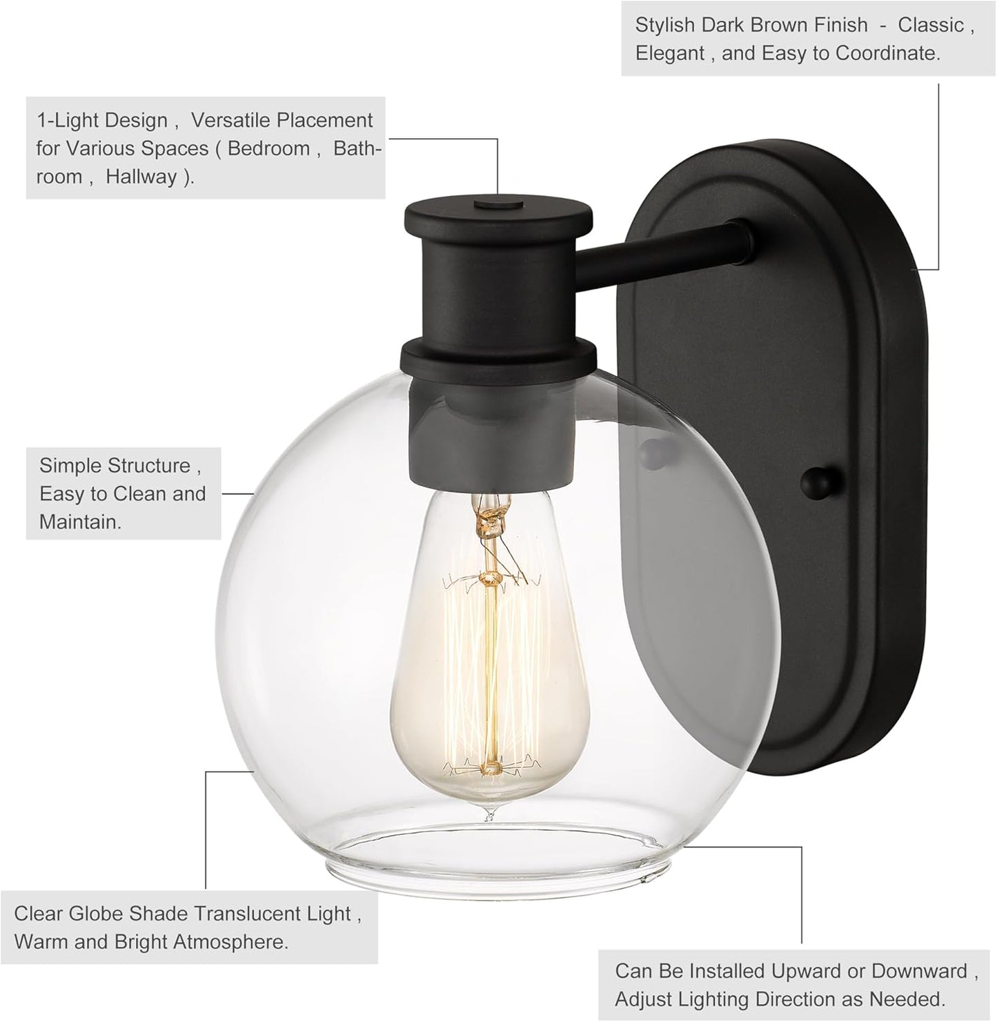 Dan Modern Farmhouse 1-Light Wall Sconces Light with Clear Glass Globe Shade in Dark Bronze Finish for Hallway, Entryway, Bathroom, Garage, Kitchen, Living Room