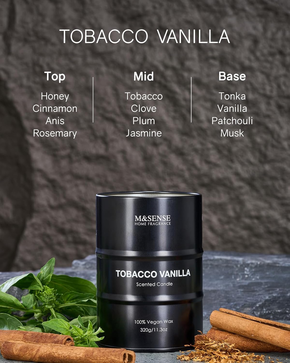 M&SENSE Scented Candle, Tobacco Vanilla Medium Jar Candle Gifts for Men, 70 Hours Slow Burning Natural Soy Candles 11.3oz, Stress Relief Aromatherapy Candles Home Decor, Valentines Day Gifts for Him