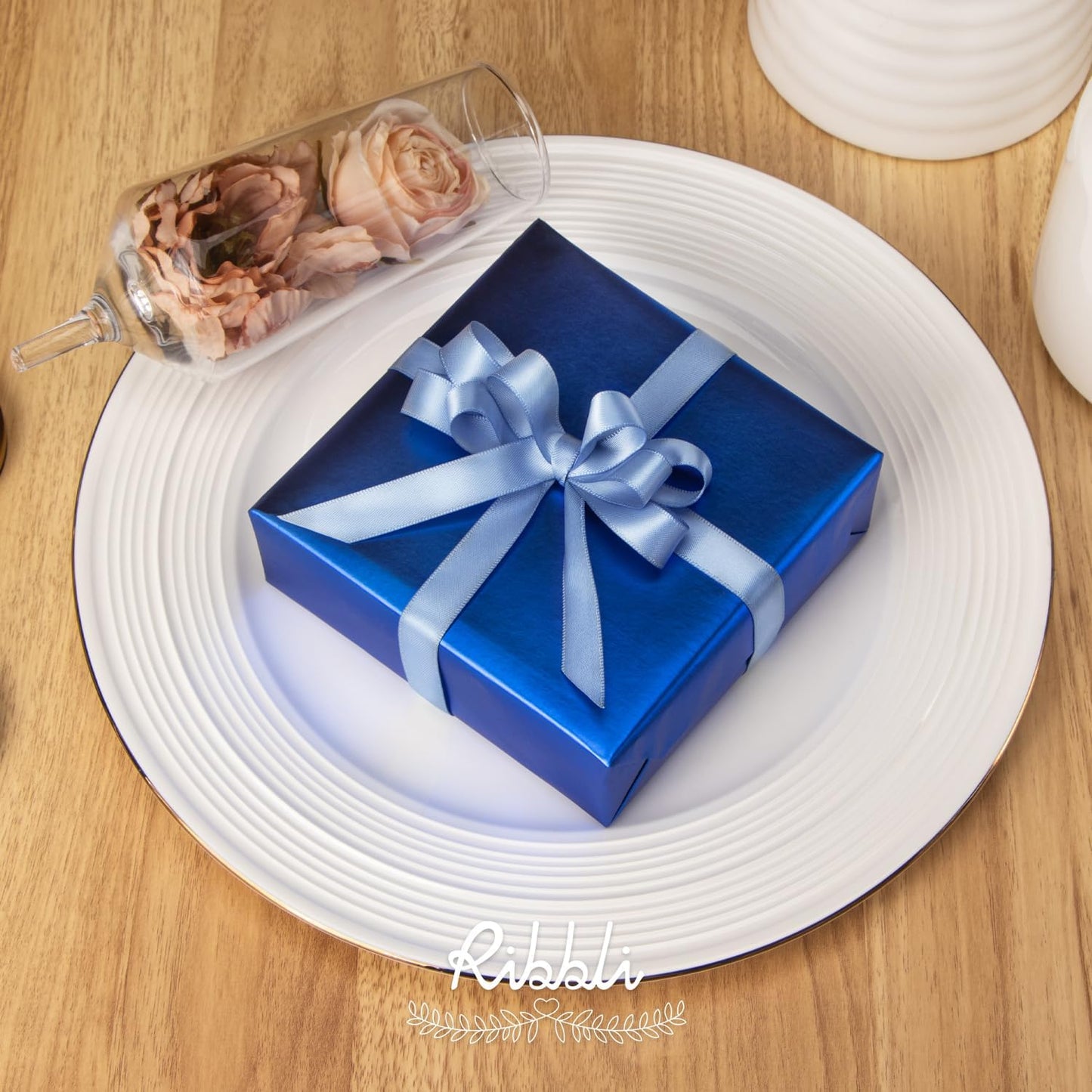 Ribbli Dusty Blue Satin Ribbon Double Faced Satin 1/2 Inch x Continuous 100 Yards-Blue Ribbon for Gift Wrapping Crafts Wedding Decoration Bows Bouquet Floral Arrangement