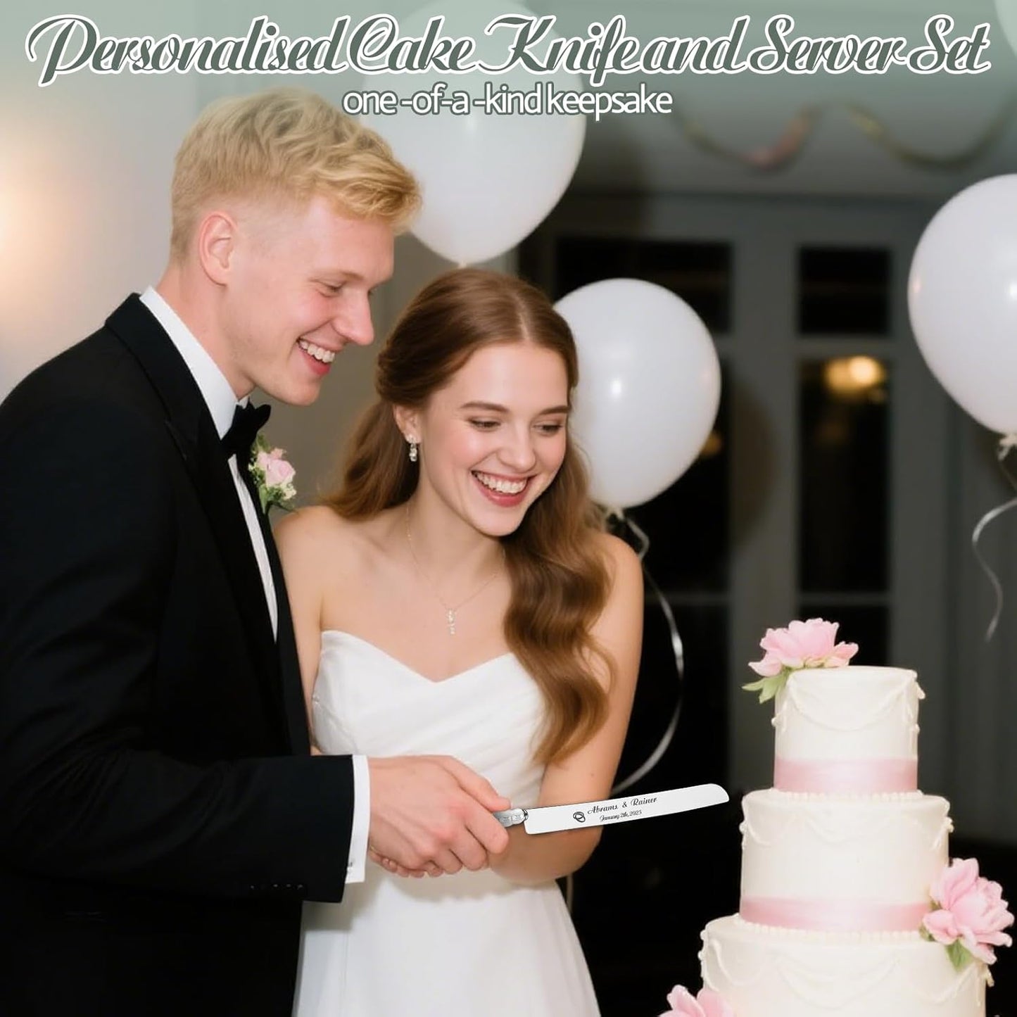 HJX Personalized Wedding Cake Knife and Server Set - Custom Name Engraved Cutting Set with Elegant Gift Box, Ideal for Bridal Wedding Anniversary Birthday Gifts (Pearl handle)