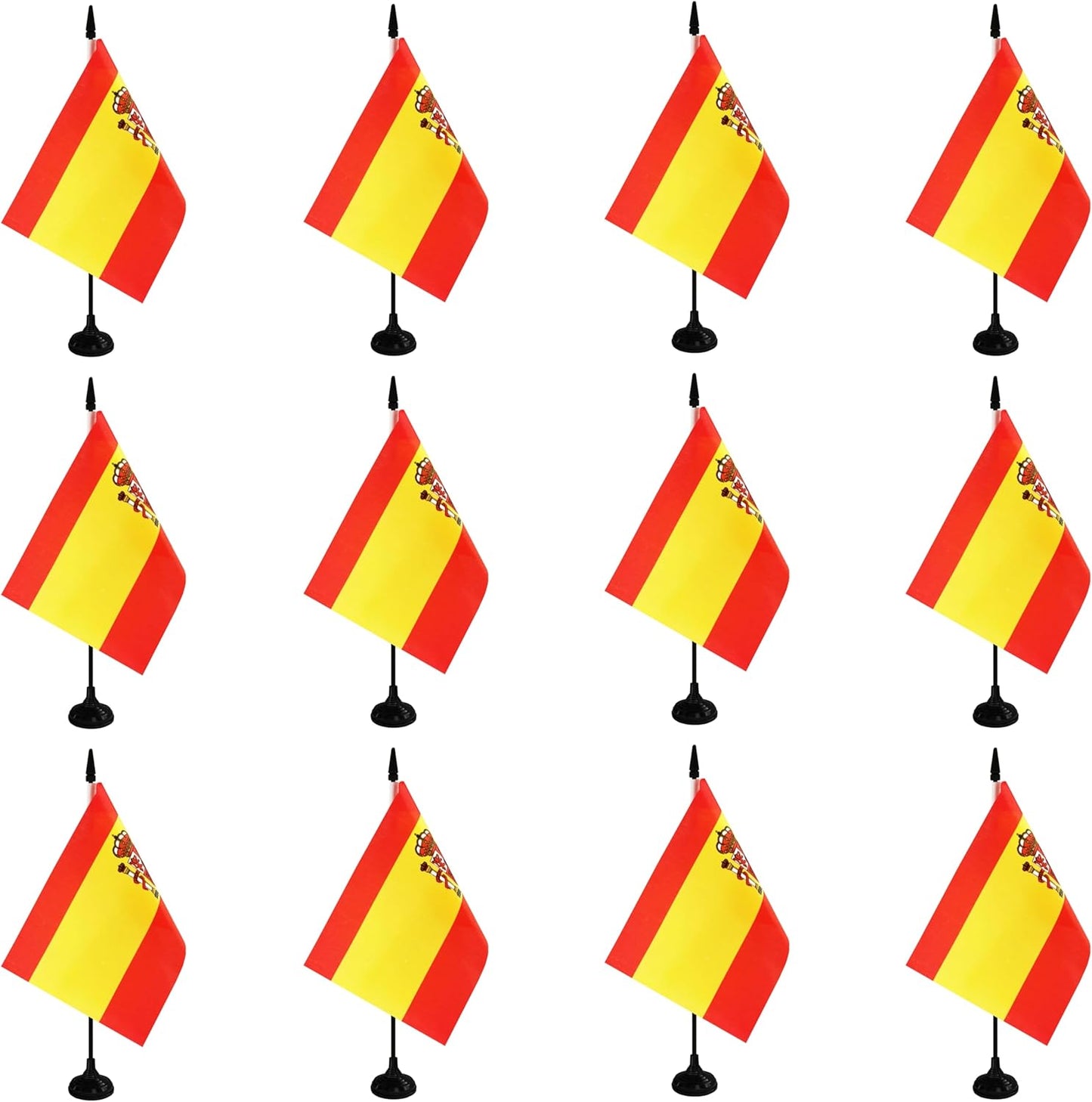 Spain Desk Flag, 12 Pack Spanish Table Office Flag with Black Solid Pole and Stand Base, International Country Flag, Festival Celebration, Classroom Meeting Desktop Decor (Spain)