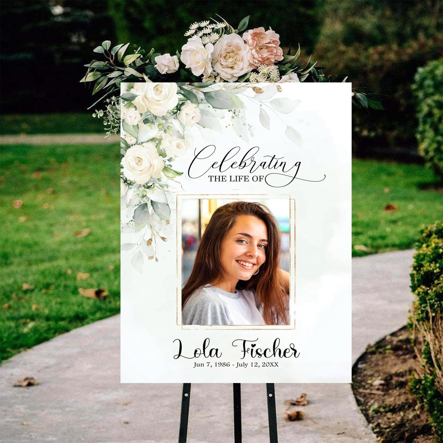 Funeral Welcome Sign with Photo, White Greenery Funeral Welcome Sign, Celebration of Life Decoration, Funeral Memorial Sign, In Loving Memory Sign, Photo Sign, Funeral program