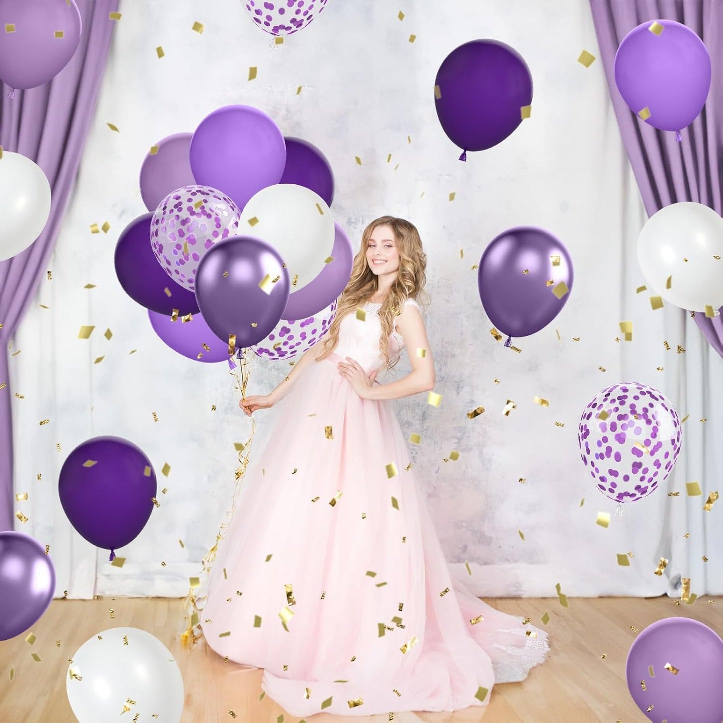 FunHot 60 Pcs Purple Balloons, 12 Inch Metallic Purple Confetti Balloons for Girls Women Birthday Wedding Bridal Baby Shower Party Decorations