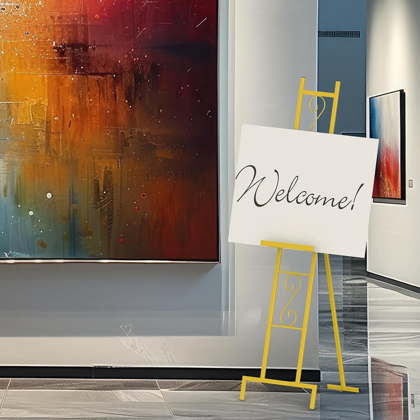 Skcoipsra 58IN Gold Easel Stand for Sign, 3 Tier Adjustable Larger Wedding Welcome Sign Holder, Art Poster Display Stand Free Standing with Chain, 17x17x58 Inch