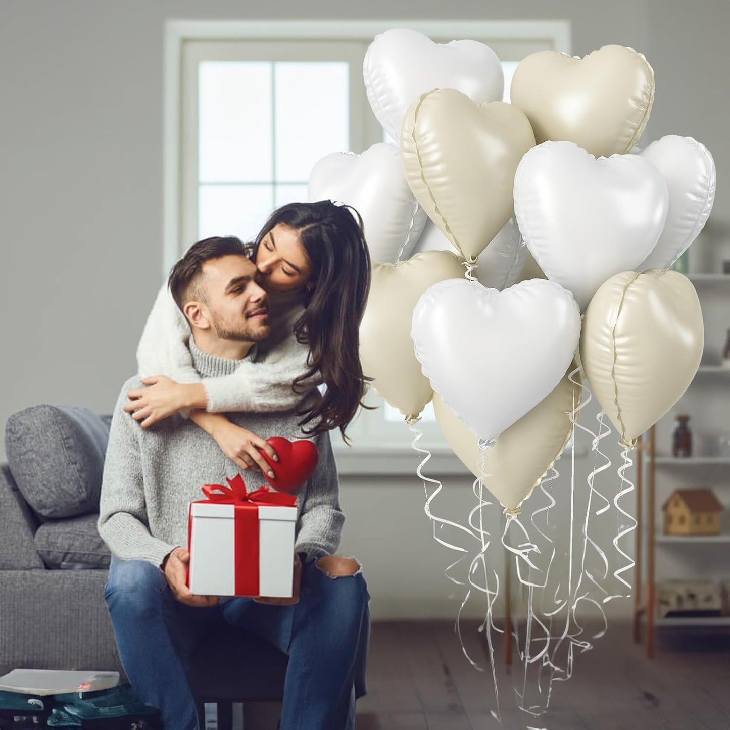 Cream Heart Foil Balloon, 18 Inch Sand White Heart Shape Foil Balloon, Beige Heart Balloons with Grey White Helium Balloons for Valentines Day Boho Birthday Bridal Shower Wedding Baby Shower