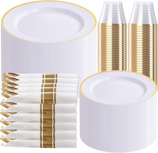 SUT 350 Pcs Gold and White Plastic Dinnerware Set for 50 Guests, Include: 50 Dinner Plates, 50 Dessert Plates, 50 Pre Rolled Napkins With Silverware, 50 Cups, Disposable Plates for Party, Wedding