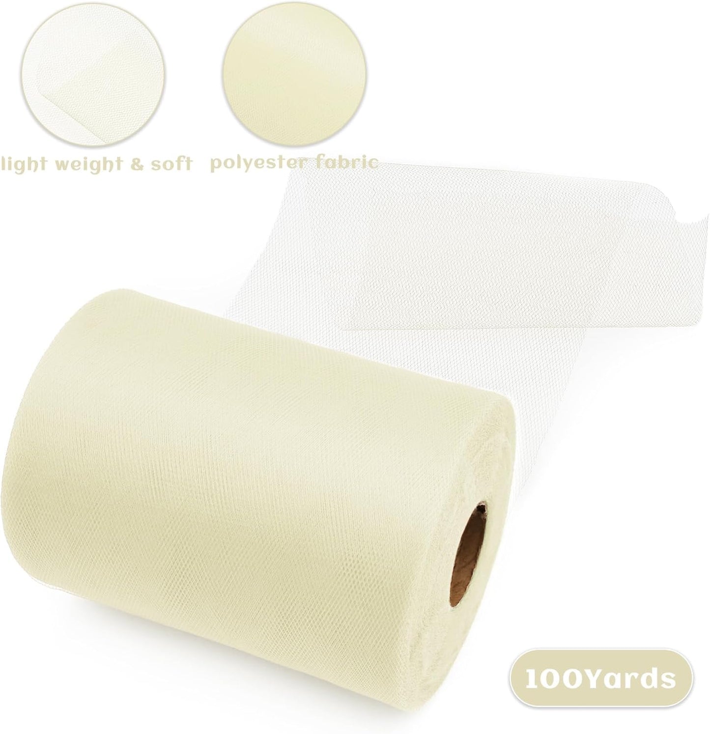 6 Inch × 100 Yards(300 Feet) Tulle Mesh Ribbon Ivory Tulle Fabric Ribbon Roll Netting Spool for Tutu Skirt DIY Craft Wedding Decor Party Gift Wrapping Ornaments