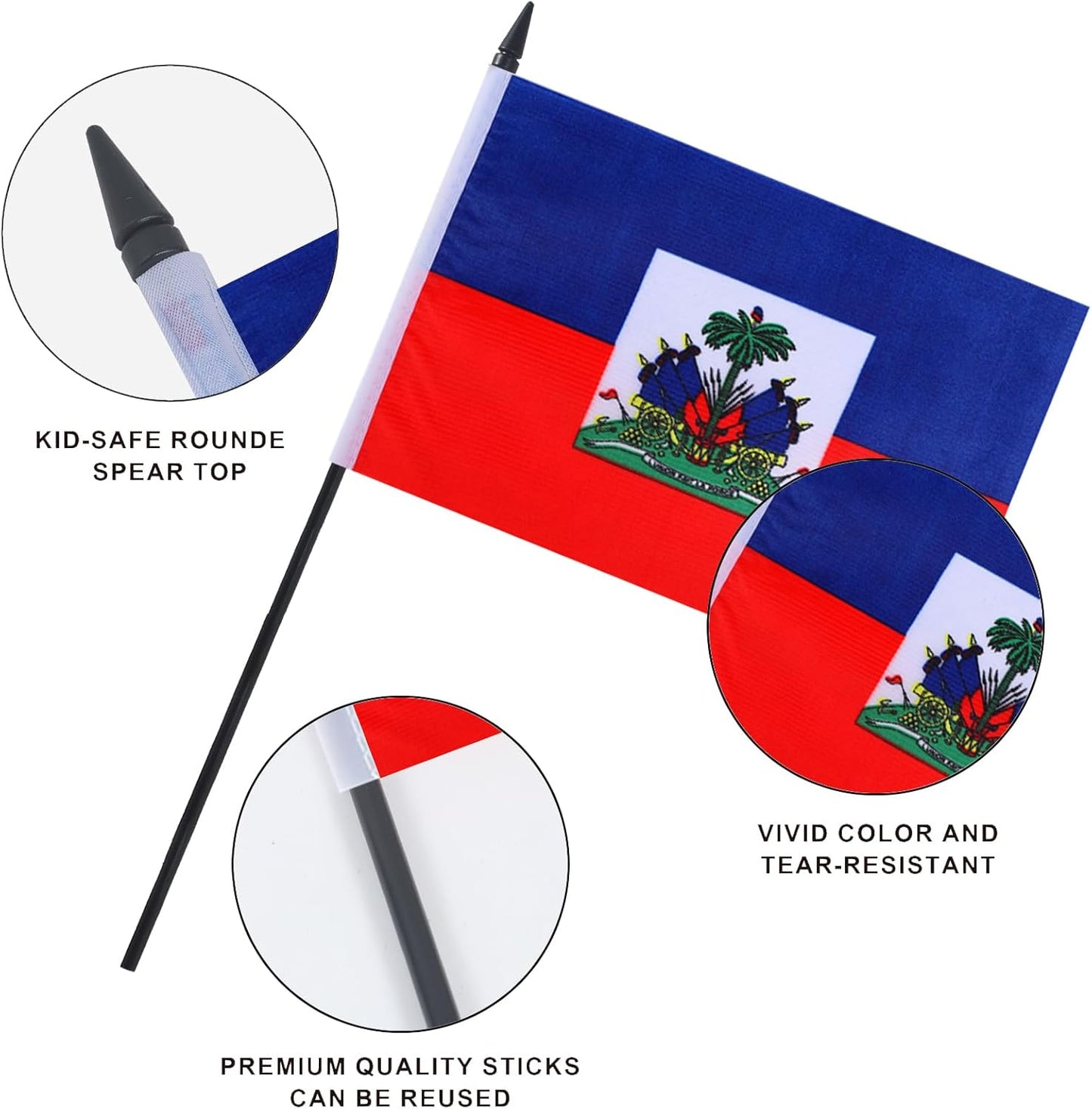 Haiti Desk Flag 12" Solid Pole Deluxe Set Haitians Flags Banner Mini Small Haiti Office Table Flags with Black Stand Base Desktop Decorations(2Pack)